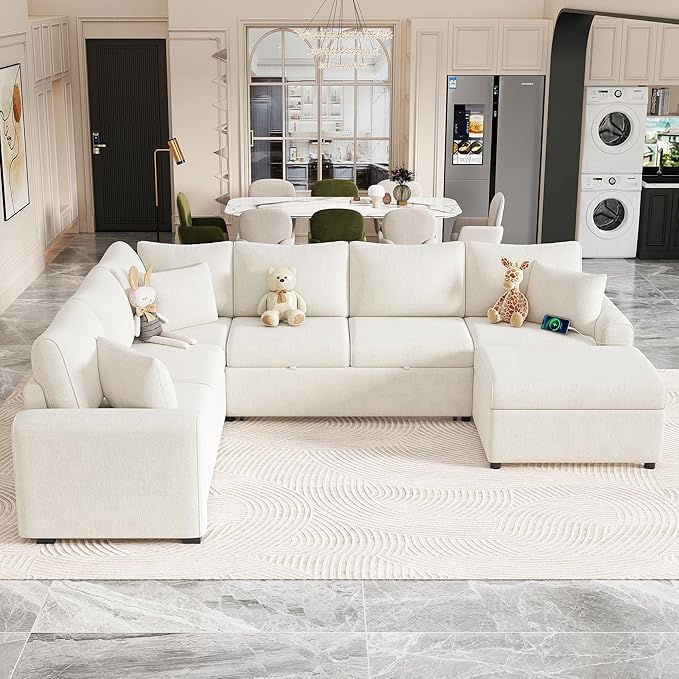 Modern Sectional Sofa Pull-out Sofa Bed Sleeper with a Storage Ottoman and 3 Pillows L-shaped Convertible Sofa Bed Chenille Upholstered Combination Couch for Living Rooms Offices (Cream-16)
