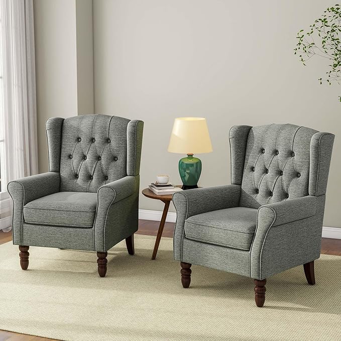 Accent Chair Upholstered Armchair with Button Tufted High Back &amp Solid Wood Legs Comfy Wingback Reading Single Sofa Chair for Small Spaces Living Room Bedroom (Grey Set of 1)