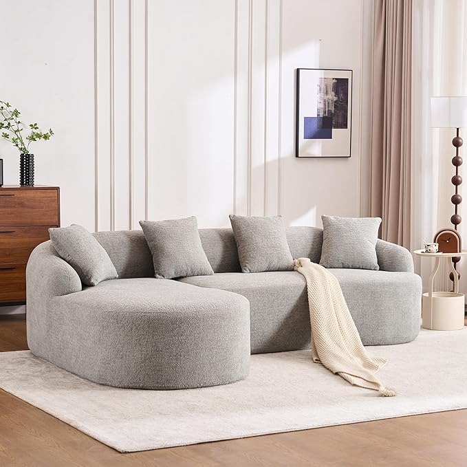 DEINPPA L Shape Modular Couch 3-Seater Chenille Comfy Couch with Throw Pillows Modern Cloud Sofa for Living Room Apartment-Light Gray