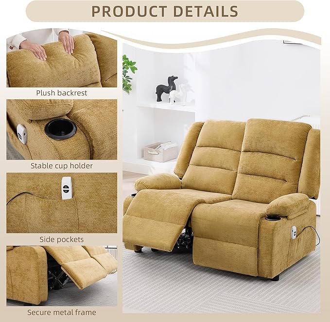52Inch Power Loveseat ReclinerElectric Reclining Loveseat SofaAdjustable Love seat Recliner Sofa for Living RoomBedroom with Charging Ports(Yellow loveseat)