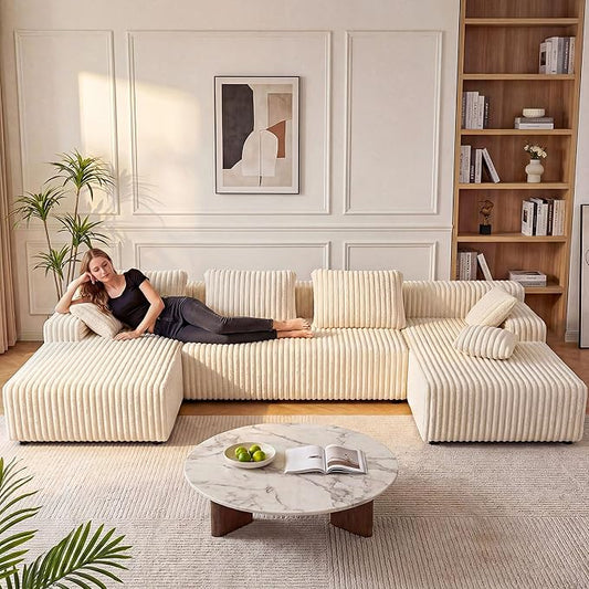 LAUSAINT HOME 132 Modular Sectional Sofa Couches U-Shaped Boneless Cloud Sofa with 4 Deep Seat 6 Cushiones Oversized Chaise for Living Room Bedroom Plush Corduroy Fabric (U Shaped Sofa Beige)