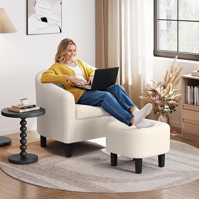 Yaheetech Accent Chair and Ottoman Set Mid Century Boucle Fabric Barrel Chair and Comfy Fabric Footrest for Living Room/Bedroom/Reading Room Ivory 2 PCS