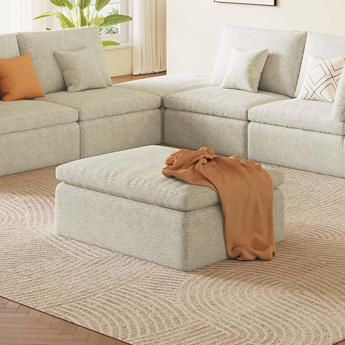 39.4 Oversized Ottoman Foot Rest for Sectional Couch Movable Cloud Rectangle Ottoman with Memory Foam and Soft Teddy Fleece Modular Pouf No Assembly Required Non-Slip Bottom (Beige)