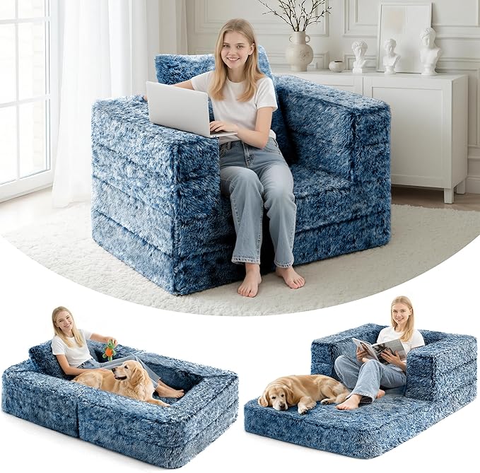 HABUTWAY Convertible Sofa Bed 3-in-1 Futon Sofa Bed with Pillow Foldable Pull Out Floor Sofa Bed with Removable Cover Plush Boneless Couch for Living Room/Bedroom/Dorm