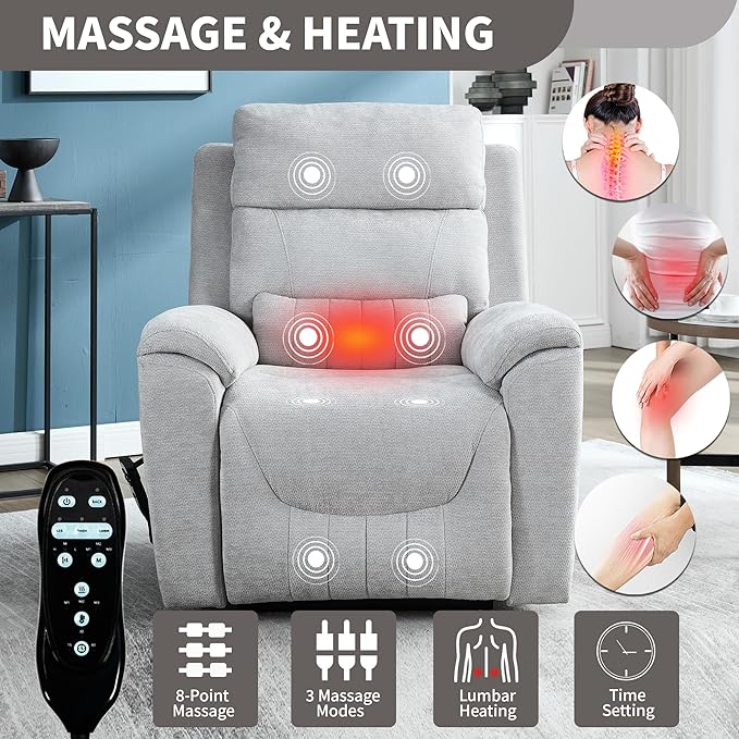Power Lift Recliner Chair for Elderly People Dual Motor Lay Flat Recliner with Vibration Massage and Heat Heavy Duty Motion Mechanism Standing Assistance Reclining Chair Chenille Fabric Light Gray