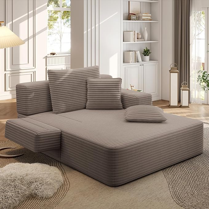 Oversized Convertible Chaise Lounge Chair Indoor Corduroy Upholstered Boneless Sleeper Sofa Bed with Side Pockets Modern Deep Seat Cloud Couch Reading Chairs for Living Room (Coffee)