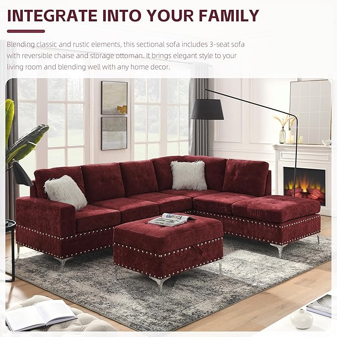 Living Room Furniture Sets L-Shape Sectional 5-Seater Sofa with Extra Wide Reversible Chaise Storage Ottoman and Cup Holders and Copper Nails 2 Pillows Claret