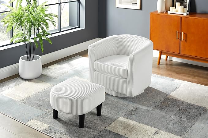Swivel Accent Chair 360° Comfy Corduroy Armchair with Ottoman - White Plush Living Room Bedroom Chair for Relaxation