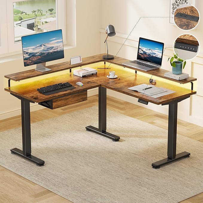 Flycity Electric L Shaped Standing Desk with Monitor Stand 59 Corner Computer Desk with Drawers Gaming Table with LED Lights &amp Power Outlet Home Office Stand Up Adjustable Height Table Brown