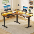 Flycity Electric L Shaped Standing Desk with Monitor Stand 59 Corner Computer Desk with Drawers Gaming Table with LED Lights &amp Power Outlet Home Office Stand Up Adjustable Height Table Brown
