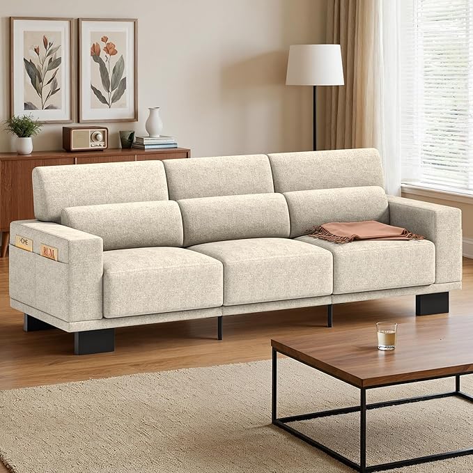 Gizoon 89 Inch Modern Sofa 3-Seater Chenille Couch with Wide Armrests &amp Deep Cushions for Living Room Bedroom and Apartment Beige