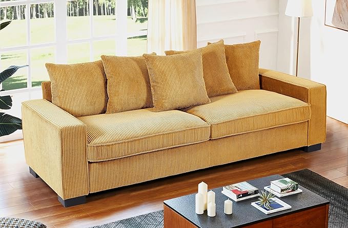 Luxe Corduroy Sofa with 5 Matching Toss Pillows Sleek Design Spacious and Comfortable 3 Seater Couch for Modern Living Room 88 Wide Ginger