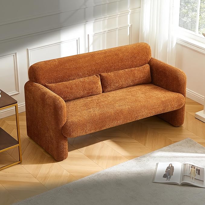 59.1 Boucle Modern Sofa Couch 2 Seater Sherpa Lamb Fabric Loveseat Comfy Upholstered Couch Leisure Lounge Sofa with 2 Waist Pillow for Bedroom Office and Living RoomOrange