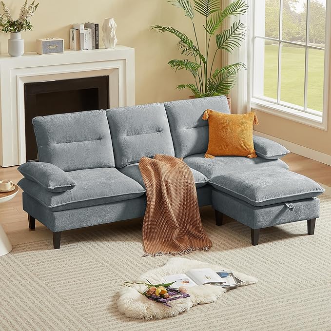 86'' Chenille Sofa with Storage Ottoman Modern Living Room Sofa with Removable Washable Cushion 3 Seater Comfy Couch for Apartment Bedroom Office (Light Grey)