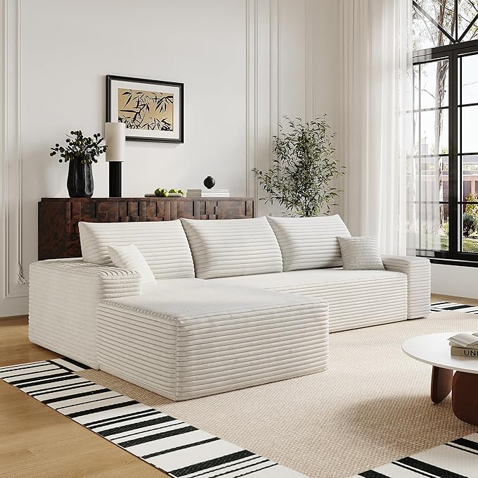107 Cloud Sectional Couch with L-Shape Chaise Modern Modular Sofa with Deep Seat Corduroy Upholstered Couches for Living Room BedroomNo Assembly Required(White Left Facing)