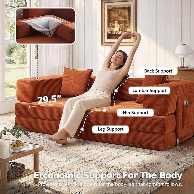 MoonSpeak 78.8''Sleeper Couch Bed for LivingroomConvertible Modular Sofa with Armrest PillowModular Foldable Corduroy Couches in a BoxNo Assembly (Orange)