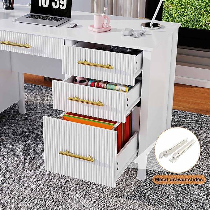 White Executive Desk with Drawers: 54 Wood Computer Desk with File Drawer Modern Home Office Desks with Storage Fluted Writing Desks for Working Studying (White 54)