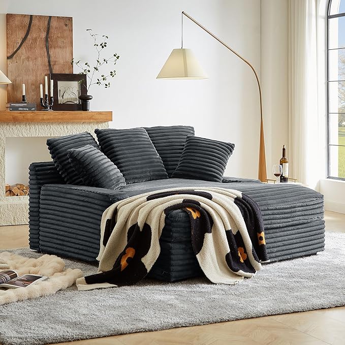 64 INCH Oversized Chaise Lounge Chair Indoor Cozy Cloud Sleeper Sofabed Extra Deep Seat Fluffy Corduroy Upholstered Loveseat Sofa Bed Daybed with 5 Throw Pillows and Solid Wood Frame for Living Room