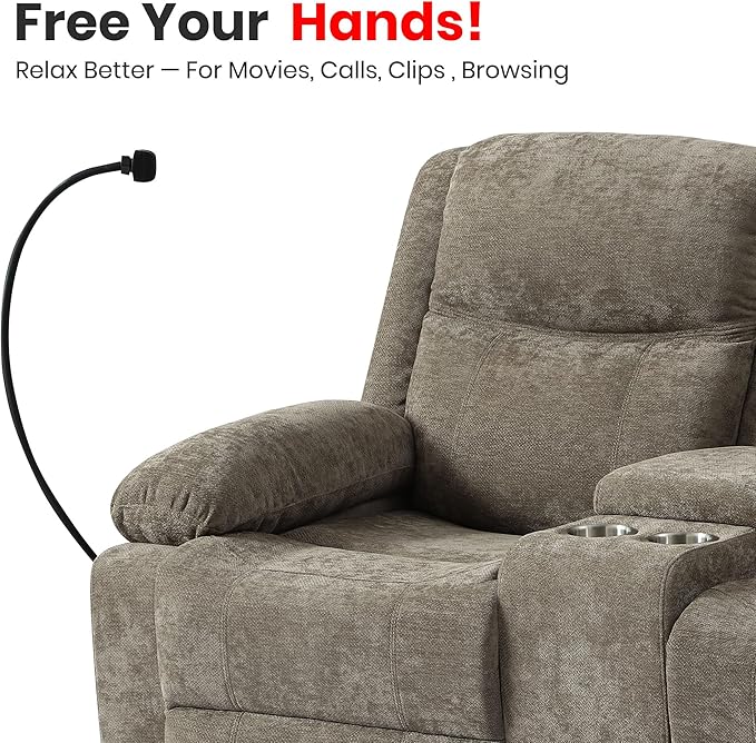 Chenille Fabric Manual Recliner Loveseat Sofa with Hidden Drawer Flip Console USB/Type-C Ports Phone Holder &amp Cup Holders Space-Saving Wall Hugger Couch for Small Spaces Apartments RVs Brow