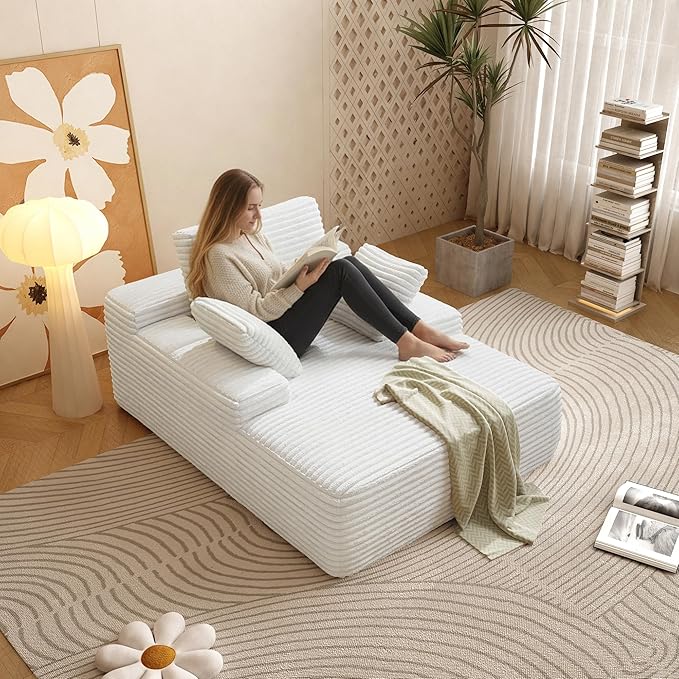 67'' Chaise Lounge Chair Indoor Oversized Boneless Sofa Bed Fluffy Corduroy Sleeper Sofa for Apartment Bedroom Living Room Comfy Cloud Boneless Couch Reading Recliner No Assembly Beige