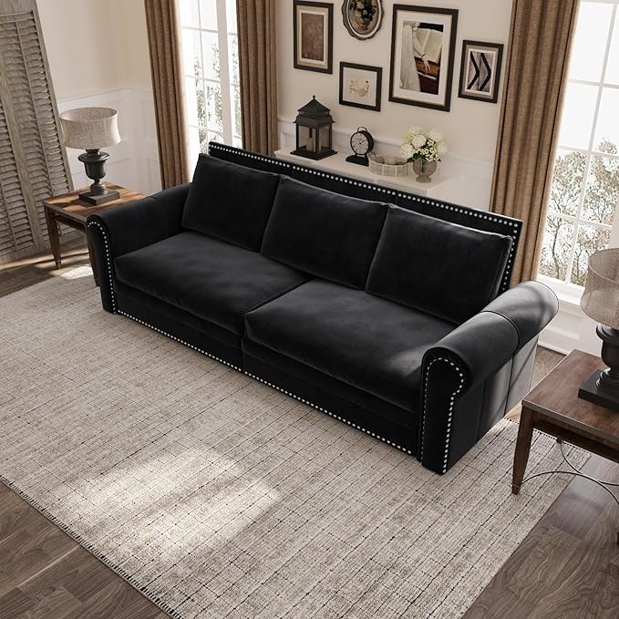 93.7 King Size Chesterfield 3-seat Pull Out Sofa Bed Velvet Couch Bed with Nailhead Trim and Rolled Arm 3-in-1 Sleeper Sofa for Living Room Apartment Office Black