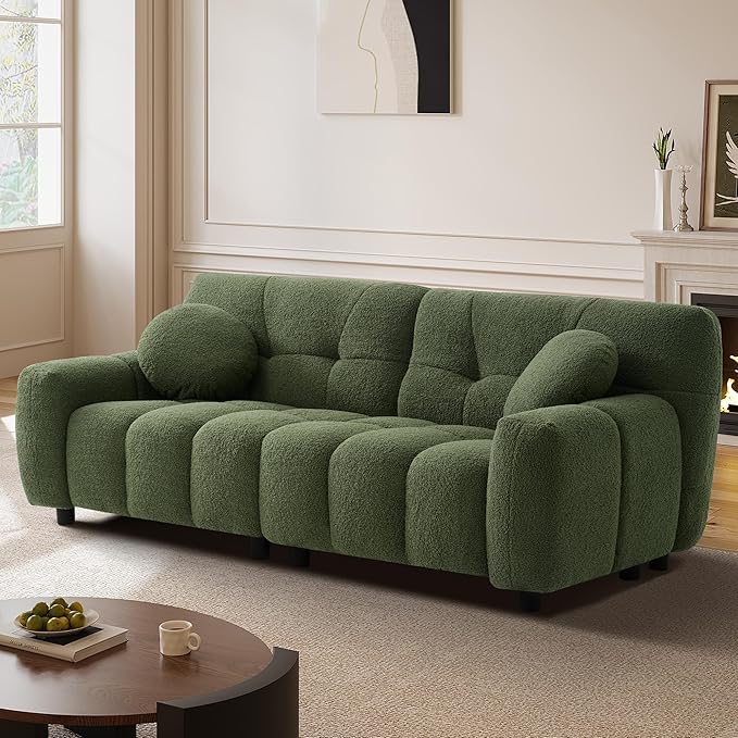 73 Boucle Cloud Sofa Couch with 2 Soft PillowsComfy Upholstered Teddy 2 Seater LoveSeat SofaModern Deep Seat Sherpa Cloud Couch Oversized Loveseat for Living Room Bedroom ApartmentOlive Green