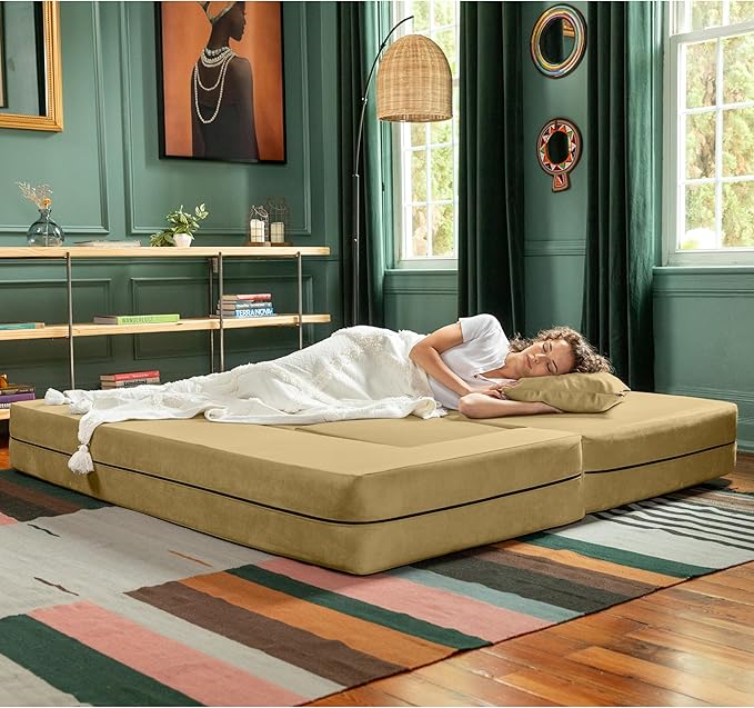 Jaxx Zipline Convertible Sleeper Sofa &amp Three Ottomans/California King-Size Bed Textured Microvelvet - Camel