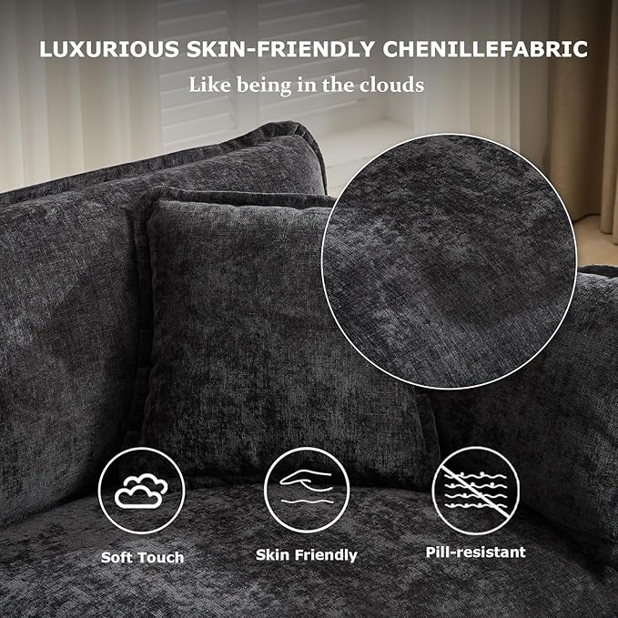 SoarFlash 113.78 Chenille Sectional Sofa Comfy L Shaped Modular Coush Sofa with Ottoman Modern 4 Seat Couch Deep Seat Sofa Set for Living RoomBlack