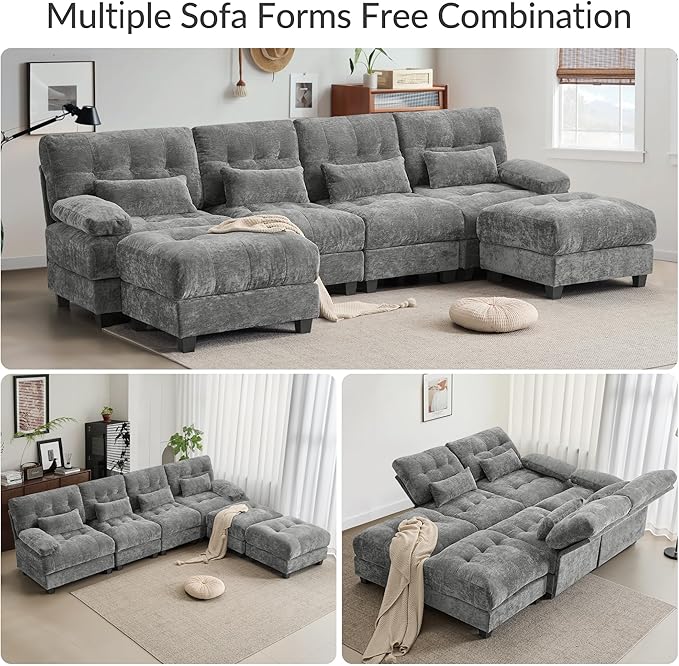 119'' Modular Sectional Cloud Couch with 2 OttomanDeep Seat Sleeper Sofa U Shaped Sectional CouchConvertible Upholstered Comfy Chenille Sectional Sofa for Living RoomBedroom(Grey)