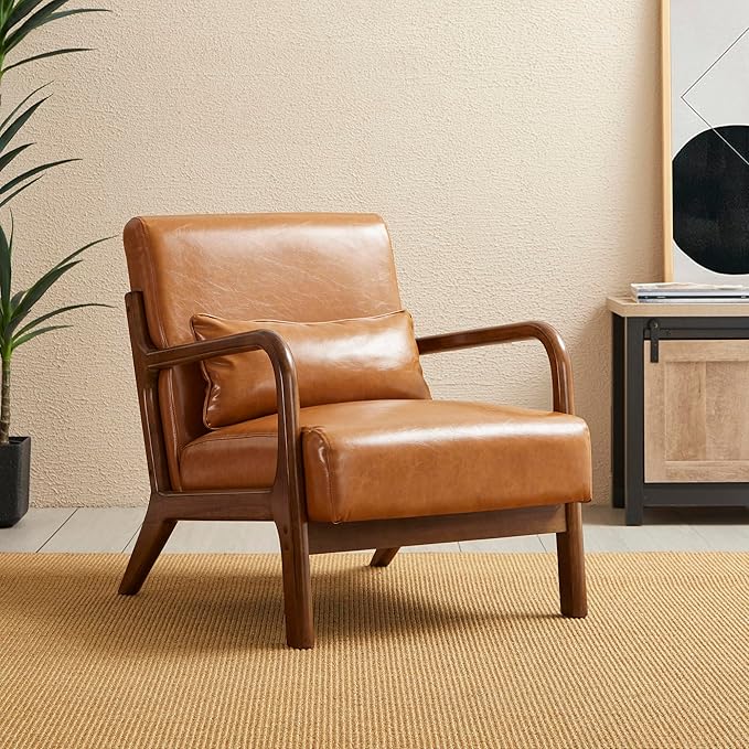 Glitzhome 30 H Mid Century Yellowish Brown Accent Armchair Single Reading Sofa PU Leather Lounge Chair with Walnut Ruberwood Frame for Livingroom or Office