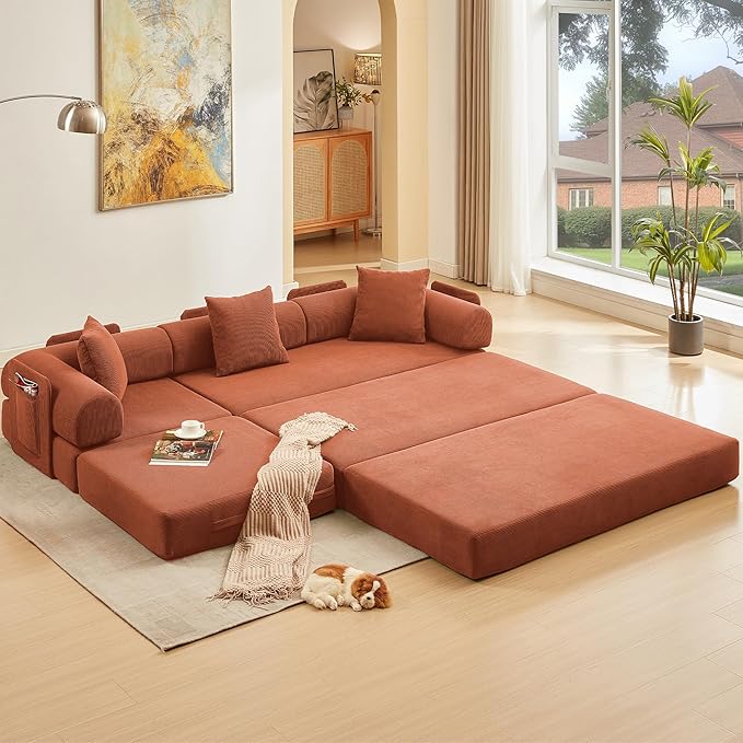 L Shaped Convertible Modular Sofa Bed with Cylindrical Pillow &amp Reversible Chaise Corduroy Folding Floor Sofa Couch Bed with Fixed-Shape Frame &amp Storage Pocket for Living Room Orange