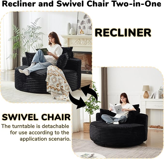 55''L Round Swivel Accent Chair Oversized Plush Corduroy Modern Swivel Barrel Chairs Upholstered Cozy Reading Chair for Living Room Bedroom Home Office (Corduroy Black)