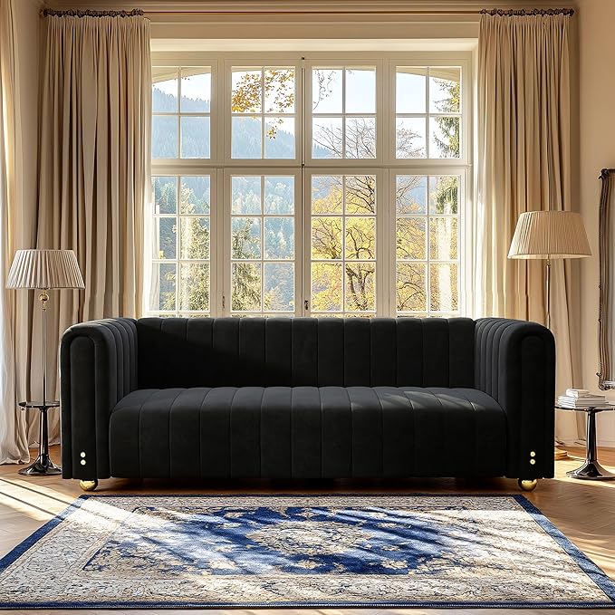 Modern Velvet Sofa SetMid-Century Accent Chair Loveseat Small Space Couch for Apartment Living Room Orange/Green/Black Velvet Upholstery High Back with Metal Legs Sofa (Black 3 Seater)
