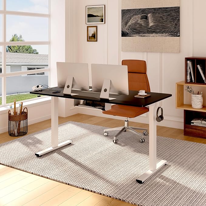 FLEXISPOT EN2 Whole-Piece Standing Desk with Clamp Power Strip 48 x 24 Electric Stand Up Height Adjustable Desk with Cable Management (White Frame + 48 Black Top 2 Packages)