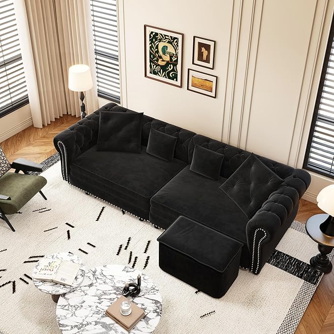 89'' King Size Velvet Convertible 3-in-1 Pull-Out 3 Seater Tufted Sleeper Sofa Bed with Movable Ottoman Fold Out Couch for RV Small Spaces Hide-A-Bed Space-Saving Black