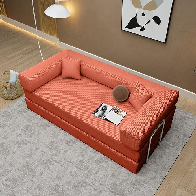 Convertible Couch Sofa Bed Foldable Floor Sleeper | All High-Density 35D Foam | Fold Out Deep Seat Couch | King Size | Compression Sofa Sleeper for Living Room Bedroom | Corduroy Orange
