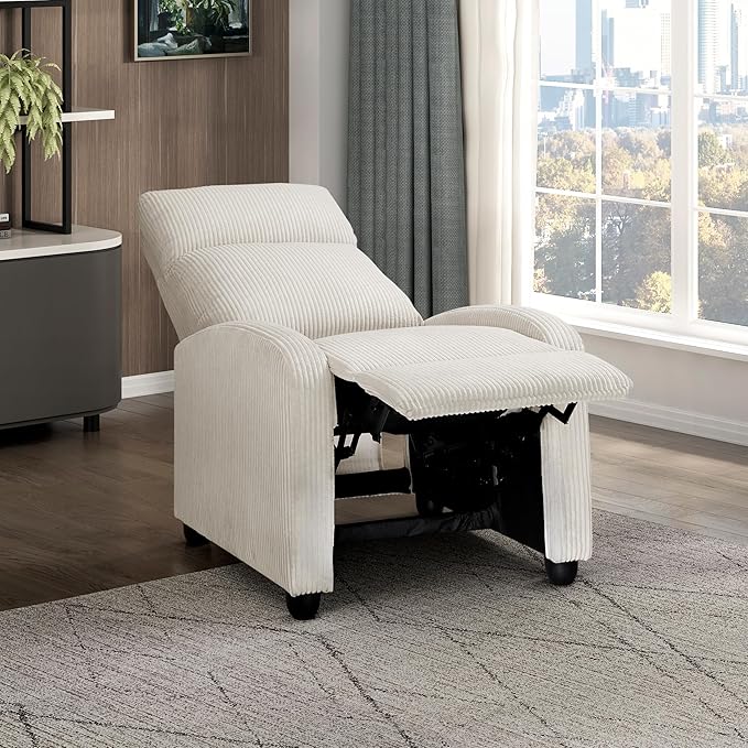 Lexicon Corduroy Pushback Recliner Chair Armchair Push Back Recliner Solid Wood Frame and Metal Base Easy Assembly Small Soft Single Sofa Accent Chair for Living Room/Office/Apartment Beige
