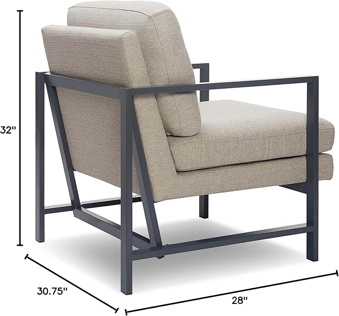Tommy Hilfiger Russell AccentChair Medium-Soft Pillow Back Mid-Century Modern &amp Industrial Armchair Comfortable LoungeChair for Living Room Bedroom or Office Gray Square Metal Frame in Linen