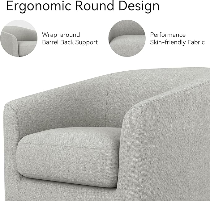 Swivel Accent Chair Upholstered Modern Barrel-Curved Armchair Linen Fabric Comfty Sofa Reading Chair with Solid Wood Base for Bedroom Club Living Room Light Grey