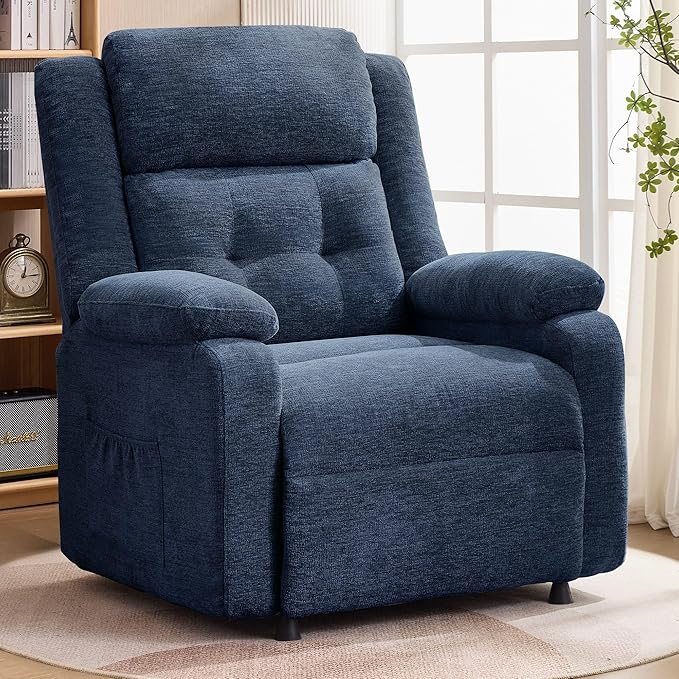Power Recliner Chair for Adults Oversized Electric Recliner with Thickened Cushions Chenille Fabric Reclining Chair for Living Room Bedroom Blue