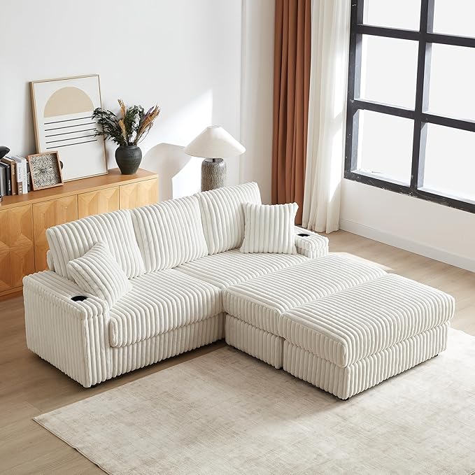 84 Oversized Double Chaise Lounge Indoor Modern Comfy Corduroy Sectional Couch with Ottoman Loveseat Sleeper Sofa Bed with Cup Holder Home Sofa Living Room Apartment (Beige)