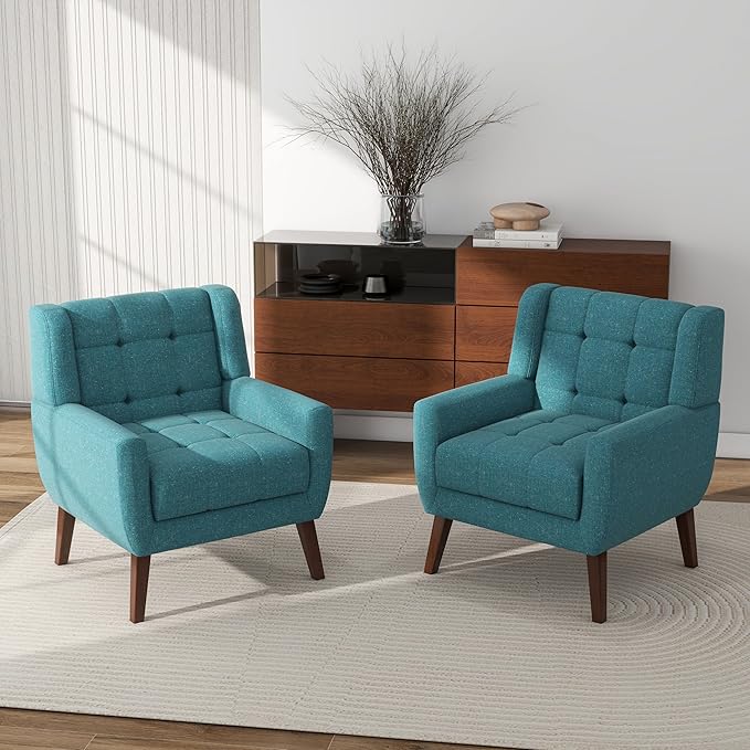 Accent Chair Comfy Mid Century Modern Small Armchairs with Solid Wood Frame and Soft Cushion for Living Room Bedroom (Fabric Light Blue Set of 2)