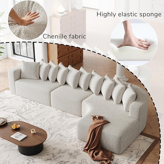131 Boneless Chenille Sectional L-Shaped Sofa Modern Cloud-Shaped Curved 3-Seater Sofa Includes 10 Pillows Living Room Fabric Corner Couch (Light Khaki 131 Right Chaise)