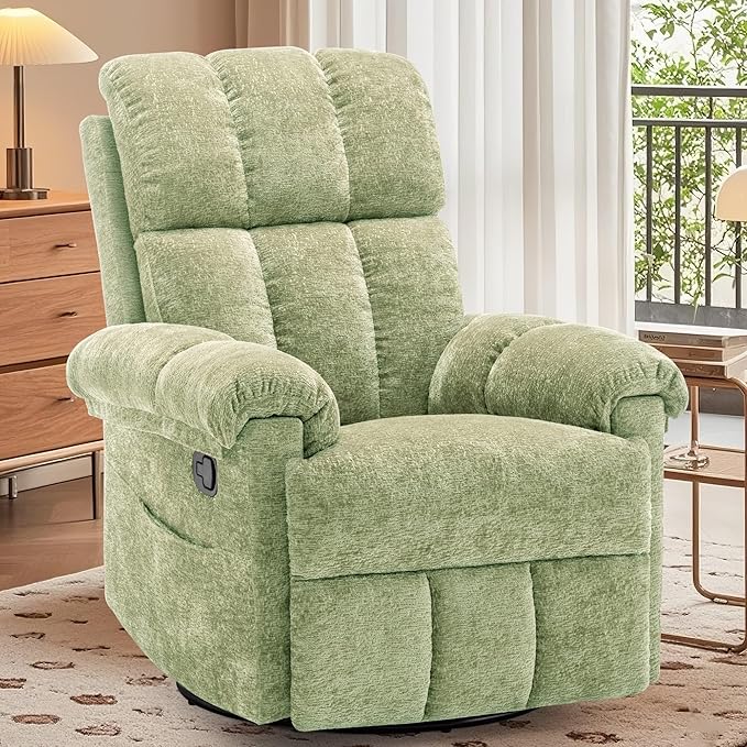 Recliner Chair Swivel Rocker Recliner Chair for Adults Small Recliners for Small Spaces Upholstered Manual Recliner with Side Pockets Nursery Rocking Chair for Living Room Chenille Green