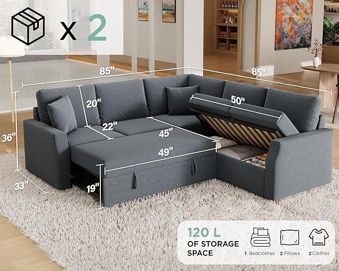 Jocisland Sofa Bed 85 Inch Sleeper Sofa with Pull Out Bed &amp Storage Seat Oversized L Shape Sectional Sofa for Living Room Apartment Grey Linen Reversible Couch