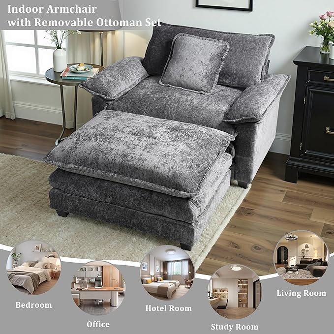 Gexpusm Oversized Accent Chair with OttomanOversized Chaise Lounge Chair Indoor with Deep SeatReading Chair Comfy Chenille Sofa Couch Chair for Living Room Bedroom Modern Lounge Chair (Grey)