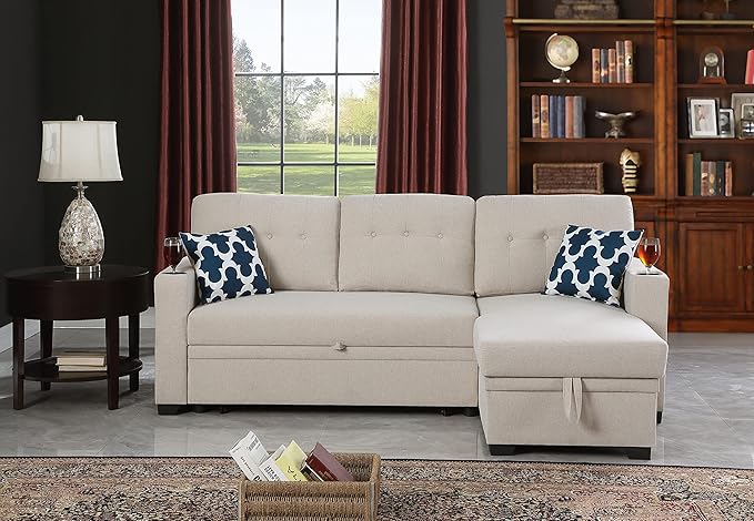 Ball &amp Cast Sectional Sleeper Sofa Couch with Pull Out BedL Shaped Sleeper Sofa Bed with Cupholder ArmrestsConvertible Sleeper Sectional Sofa W/Reversible Storage Chaise&ampBack Cushionfor Liv