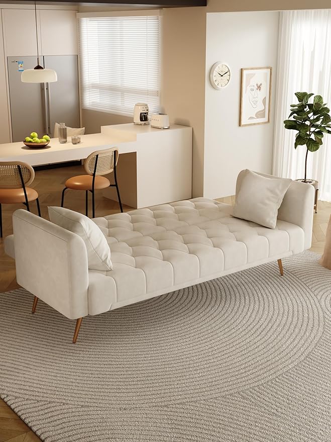 71 Convertible Velvet Futon Sofa Bed Loveseat with Multiple Adjustable BackrestsModern Sleeper Couch with Golden Metal Legs for Living RoomApartmentOfficeBeige