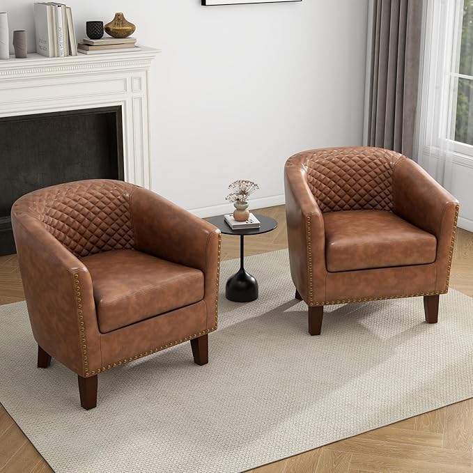 UIXE Faux Leather Barrel Accent Chairs Set of 4 Modern Club Upholstered Arm Chair Comfy Armchair Nailed Trim Living Room Single Sofa Reading Seat Bedroom Side Sitting for Office Brown