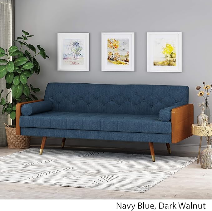 GDFStudio Mid-Century Modern Tufted Fabric Sofa Navy Blue and Dark Walnut